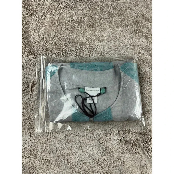 Soft Surroundings Linen Tunic Top Size L Gray Aqua Lace Boho 3/4 Sleeves - Picture 15 of 16